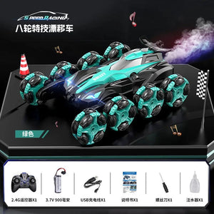 Planet Gates green Eight-wheel swing arm drift stunt remote control car body feeling music spray rolling climbing off-road vehicle wireless toy