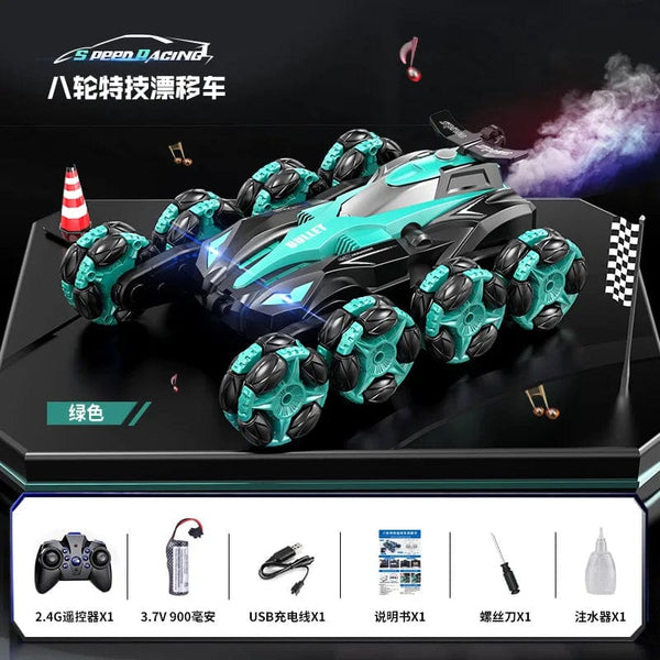 Planet Gates green Eight-wheel swing arm drift stunt remote control car body feeling music spray rolling climbing off-road vehicle wireless toy