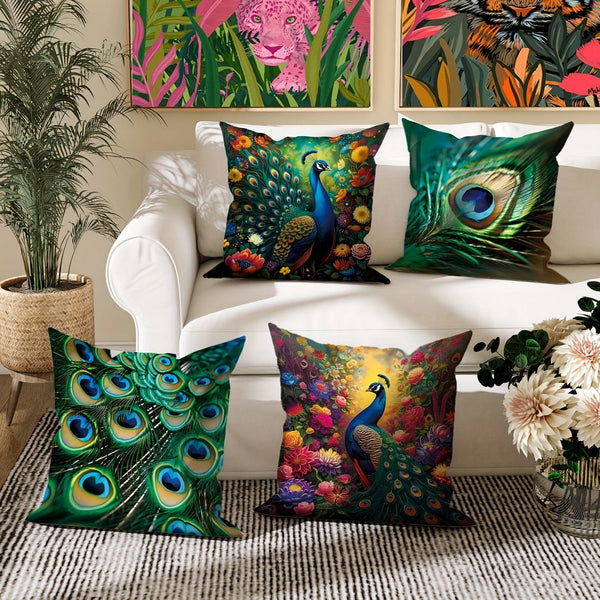 Planet Gates Green Emerald Green 4pcs, Peacock Feather Animal Floral Botanical Green Emerald Green Polyester Throw Pillow Covers, Elegant Pillow Covers, Decorative Cushion Covers 45×45Cm/18 "X18", Suitable For Living Room Bedroom Sofa Bed Decoration