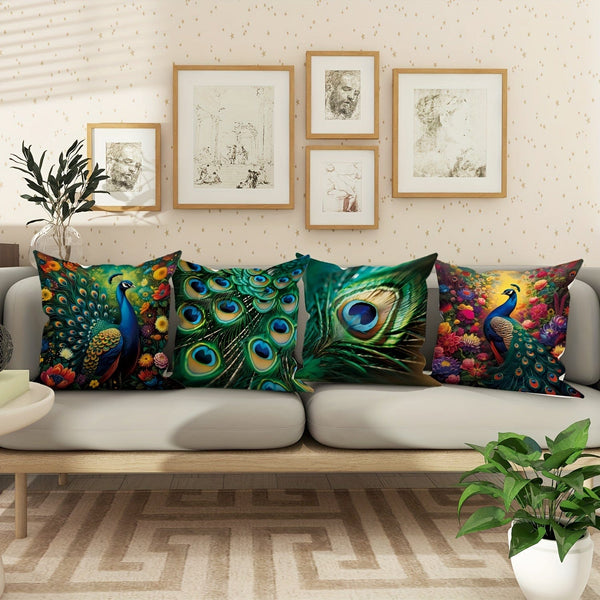Planet Gates Green Emerald Green 4pcs, Peacock Feather Animal Floral Botanical Green Emerald Green Polyester Throw Pillow Covers, Elegant Pillow Covers, Decorative Cushion Covers 45×45Cm/18 "X18", Suitable For Living Room Bedroom Sofa Bed Decoration
