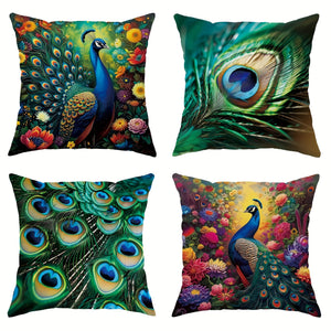 Planet Gates Green Emerald Green 4pcs, Peacock Feather Animal Floral Botanical Green Emerald Green Polyester Throw Pillow Covers, Elegant Pillow Covers, Decorative Cushion Covers 45×45Cm/18 "X18", Suitable For Living Room Bedroom Sofa Bed Decoration