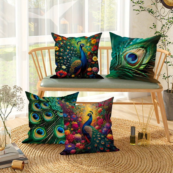 Planet Gates Green Emerald Green 4pcs, Peacock Feather Animal Floral Botanical Green Emerald Green Polyester Throw Pillow Covers, Elegant Pillow Covers, Decorative Cushion Covers 45×45Cm/18 "X18", Suitable For Living Room Bedroom Sofa Bed Decoration
