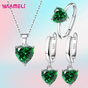 Planet Gates Green Fine 925 Sterling Silver Color Jewelry Gift Sets for Women Female Romantic Heart Zircon Huggie Earrings Pendant Necklace Ring