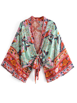 Planet Gates green / L Boho Vintage Floral Print Beach Summer Short Kimono Women Fashion Ladies Casual V Neck Batwing Sleeves Bohemian Cover-ups