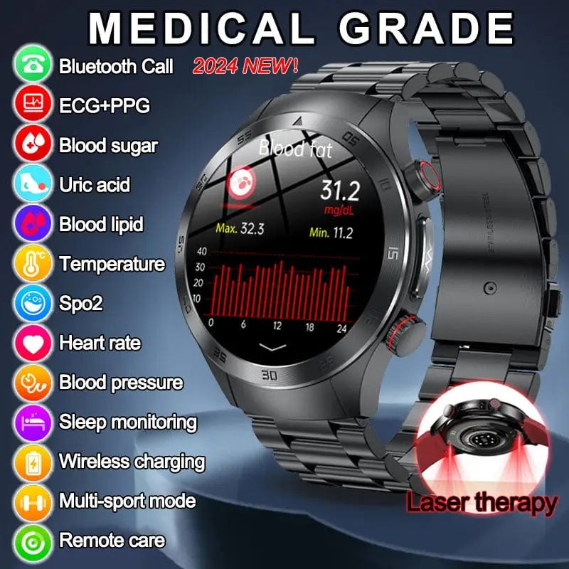 Planet Gates Green Leather / 650nm Laser therapy New 1.49" AMOLED Laser Treatment Three High Smart Watch Men Blood Sugar Blood fat Uric acid ECG+PPG Health Tracker Smart Watches