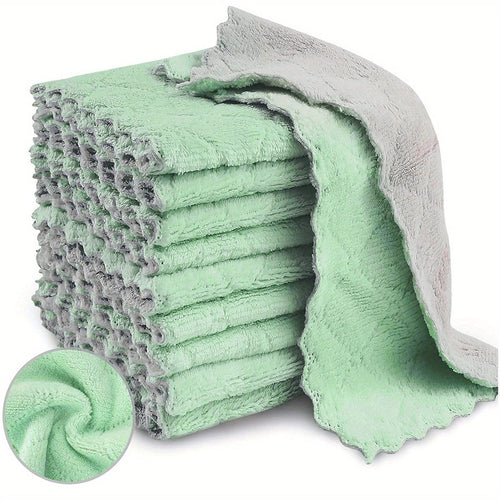 Planet Gates Green Microfiber Dish Cloths 10pcs Set Soft Absorbent Double-sided Coral Velvet Dish Towels with Strong Stain Removal Scouring Pads Machine Washable Reusable for Kitchen Bathroom Car Window