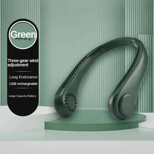 Planet Gates green New Mini Neck Fan Portable Bladeless Hanging Neck 1200mAh Rechargeable Air Cooler 3 Speed Mini Summer Sports Fans