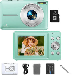 Planet Gates Green No Card HD 1080P 2.4 inch digital Camera Rechargeable Cameras with 16x Zoom Compact Camera 44MP Cameras for kids Beginner Camera