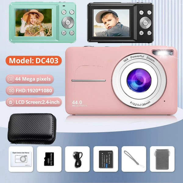 Planet Gates Green No Card HD 1080P 2.4 inch digital Camera Rechargeable Cameras with 16x Zoom Compact Camera 44MP Cameras for kids Beginner Camera