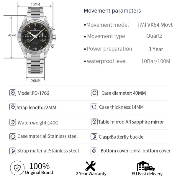 Planet Gates Green PAGANI DESIGN 2023 Mens watches Moon Quartz  Watch men speed Sport waterproof Chronograph AR Sapphire VK64 Steel Retro Luminous