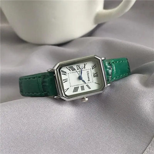 Planet Gates green Retro Watches Classic Casual Quartz Dial Leather Strap Band Rectangle Clock Fashionable Wrist Watches for Women Wrist Watch