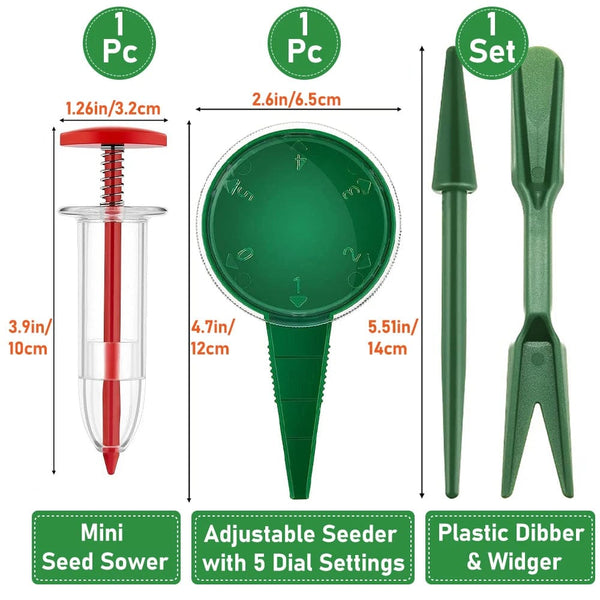 Planet Gates Green Seeder Set A Mini Sowing Seed Dispenser Manual Sower Seed Spreader Handheld Seed Planter Tool 5 Different Settings Hand Seeder with 2 Transpl