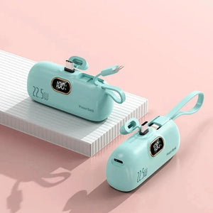 Planet Gates green tpye-c Socket / 5000mAh Portable Mini Power Bank Type C Plug Built in Cable 22.5W Fast Charging for iPhone Samsung Xiaomi External Battery