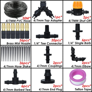 Planet Gates Greenhouse Garden 10-50M Automatic Drip Watering Irrigation Kit System 1/4'' 4/7mm Hose Brass Mist Nozzles for Lawn Pot Flower