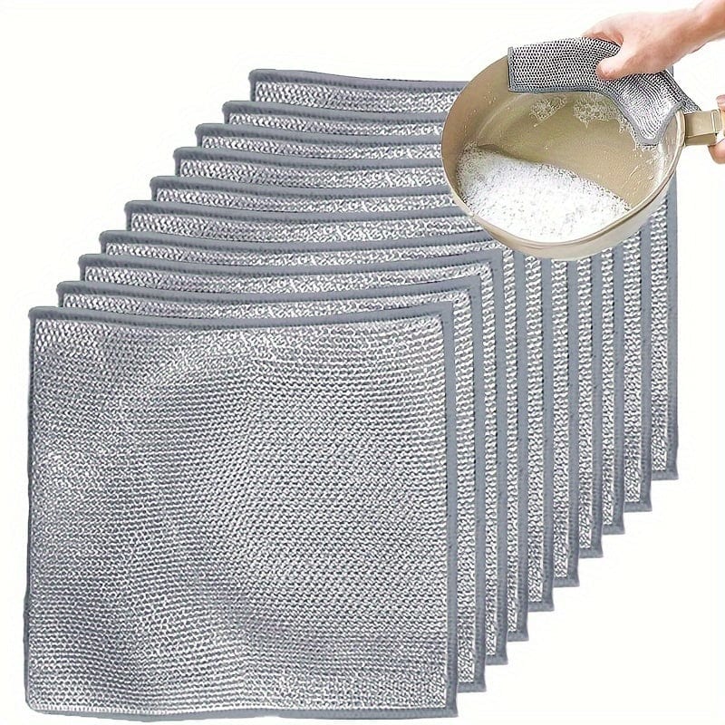 Planet Gates Grey (10 Pcs) 10 Pcs Silvery Cleaning Cloth, Dish Towel Reusable Non Stick Oil Dishcloth Pot Strong Rust Removal, Replacement Of Steel Wire Balls Rag, Multipurpose Wire Dishwashing Rags