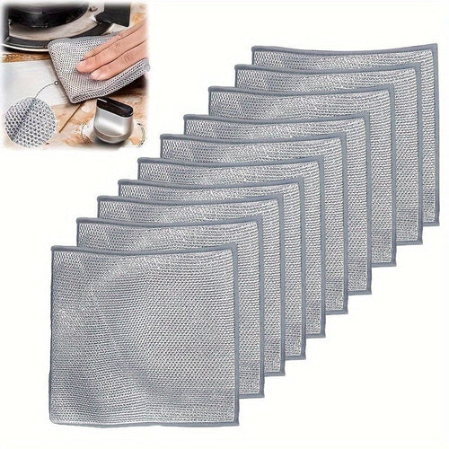 Planet Gates Grey (10 Pcs) 10 Pcs Silvery Cleaning Cloth, Dish Towel Reusable Non Stick Oil Dishcloth Pot Strong Rust Removal, Replacement Of Steel Wire Balls Rag, Multipurpose Wire Dishwashing Rags