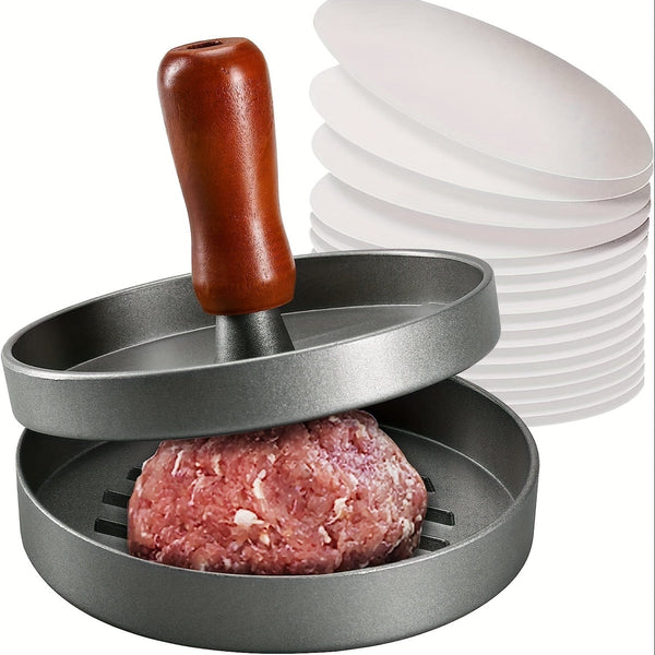 Planet Gates grey 1pc, Manual Burger Press, Non-stick Coated Wood Handle Burger Press, Heavy Hamburger Press Burger Meat Beef Grill Patty Maker Mould, Creative Kitchen Tools