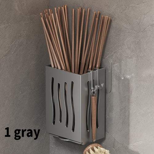 Planet Gates grey 1pc Wall-mounted Kitchen Storage Cage With A Drain Tray, Chopstick Holder, Spoon Storage Box, Cutlery Draining Box For Kitchen Utensils, Kitchen Storage Items