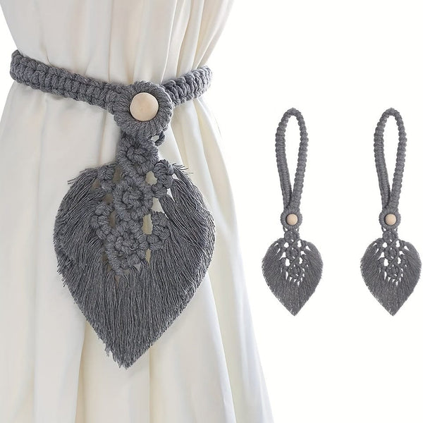 Planet Gates grey 2pcs Bohemian Woven Leaf Curtain Ties Curtain Tieback Curtain Holdback For Bedroom Living Room Home Decor, 40.01*13.0cm