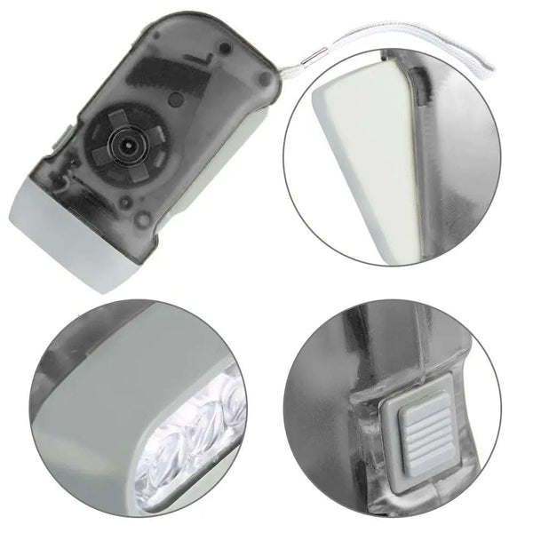Planet Gates Grey 3 LED Hand Pressing Dynamo Crank Power Wind Up Flashlight Torch Light Hand Press Crank Camping Lamp Light for Outdoor Home