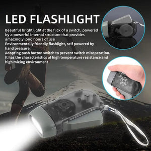 Planet Gates Grey 3 LED Hand Pressing Dynamo Crank Power Wind Up Flashlight Torch Light Hand Press Crank Camping Lamp Light for Outdoor Home