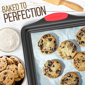 Planet Gates grey 3pcs, Oven Baking Tray, Carbon Steel Non-stick Kitchen Oven Baking Tray, Luxurious And Stylish, Non-stick Inside And Outside, Commercial-grade Restaurant Quality Metal Baking Tray, With Red Silicone Handle