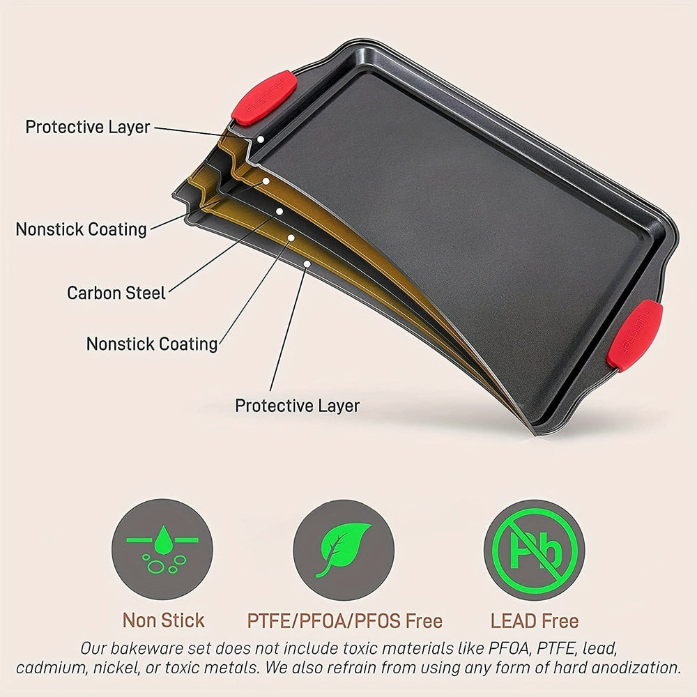 Planet Gates grey 3pcs, Oven Baking Tray, Carbon Steel Non-stick Kitchen Oven Baking Tray, Luxurious And Stylish, Non-stick Inside And Outside, Commercial-grade Restaurant Quality Metal Baking Tray, With Red Silicone Handle