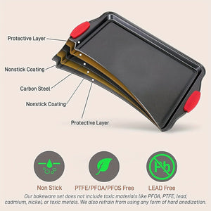 Planet Gates grey 3pcs, Oven Baking Tray, Carbon Steel Non-stick Kitchen Oven Baking Tray, Luxurious And Stylish, Non-stick Inside And Outside, Commercial-grade Restaurant Quality Metal Baking Tray, With Red Silicone Handle