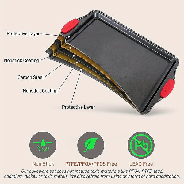 Planet Gates grey 3pcs, Oven Baking Tray, Carbon Steel Non-stick Kitchen Oven Baking Tray, Luxurious And Stylish, Non-stick Inside And Outside, Commercial-grade Restaurant Quality Metal Baking Tray, With Red Silicone Handle