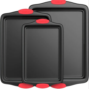 Planet Gates grey 3pcs, Oven Baking Tray, Carbon Steel Non-stick Kitchen Oven Baking Tray, Luxurious And Stylish, Non-stick Inside And Outside, Commercial-grade Restaurant Quality Metal Baking Tray, With Red Silicone Handle