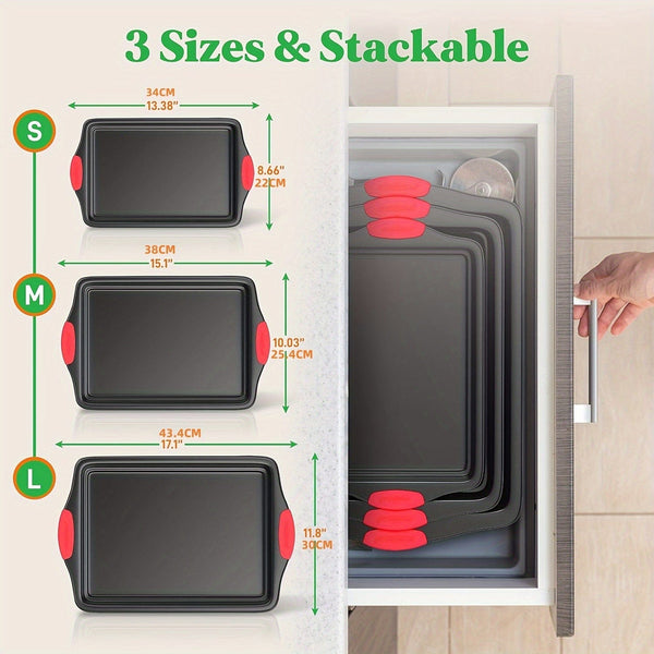 Planet Gates grey 3pcs, Oven Baking Tray, Carbon Steel Non-stick Kitchen Oven Baking Tray, Luxurious And Stylish, Non-stick Inside And Outside, Commercial-grade Restaurant Quality Metal Baking Tray, With Red Silicone Handle