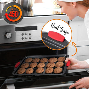 Planet Gates grey 3pcs, Oven Baking Tray, Carbon Steel Non-stick Kitchen Oven Baking Tray, Luxurious And Stylish, Non-stick Inside And Outside, Commercial-grade Restaurant Quality Metal Baking Tray, With Red Silicone Handle