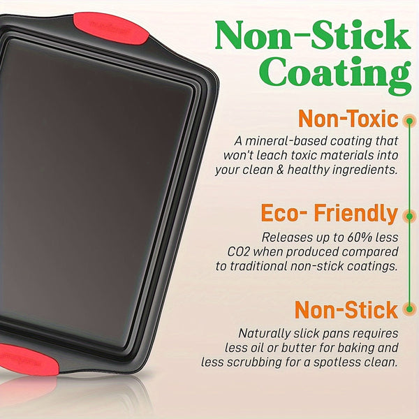 Planet Gates grey 3pcs, Oven Baking Tray, Carbon Steel Non-stick Kitchen Oven Baking Tray, Luxurious And Stylish, Non-stick Inside And Outside, Commercial-grade Restaurant Quality Metal Baking Tray, With Red Silicone Handle