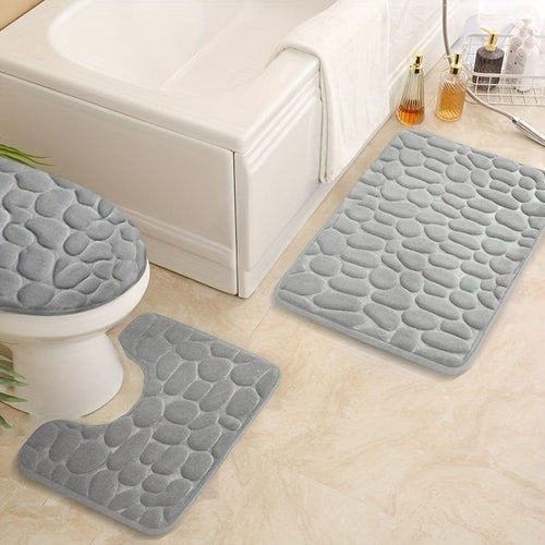 Planet Gates grey 3pcs/set, Memory Foam Bathroom Rugs Set, Cobblestone Embossed Ultra Soft Non-Slip Bath Rug & Absorbent Bath Mat Carpets, Includes U-Shaped Contour Rug, Perfect For Bathroom/Shower, Bathroom Supplies