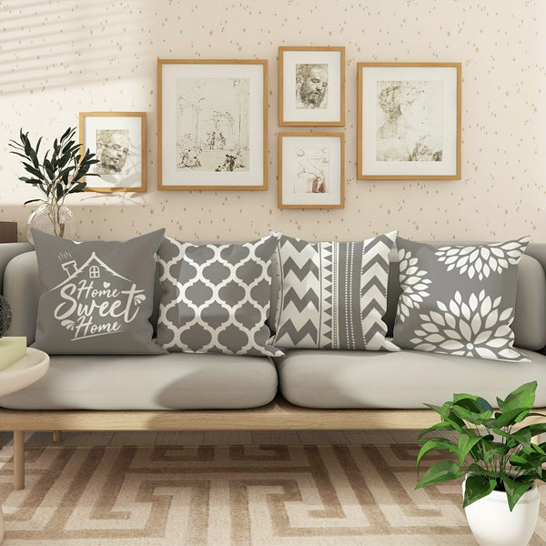 Planet Gates grey 4pcs, Floral Geometric Gray Polyester Throw Pillow Covers, Modern Abstract Neutral Pillow Covers, Decorative Cushion Covers 45×45Cm/18 "X18" For Living Room Bedroom Sofa Bed Decoration