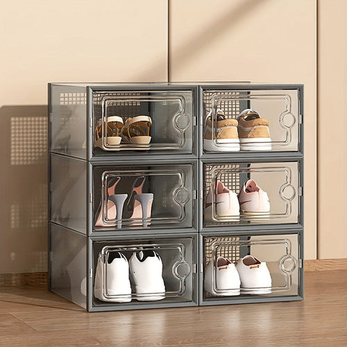 Planet Gates grey / 6pcs 6pcs Transparent Shoe Boxes With Lid, Foldable Stackable Free Combination Shoe Rack, Thickened Plastic Sneaker Container, Space Saving Storage Organizer For Entryway, Bedroom, Home, Dorm