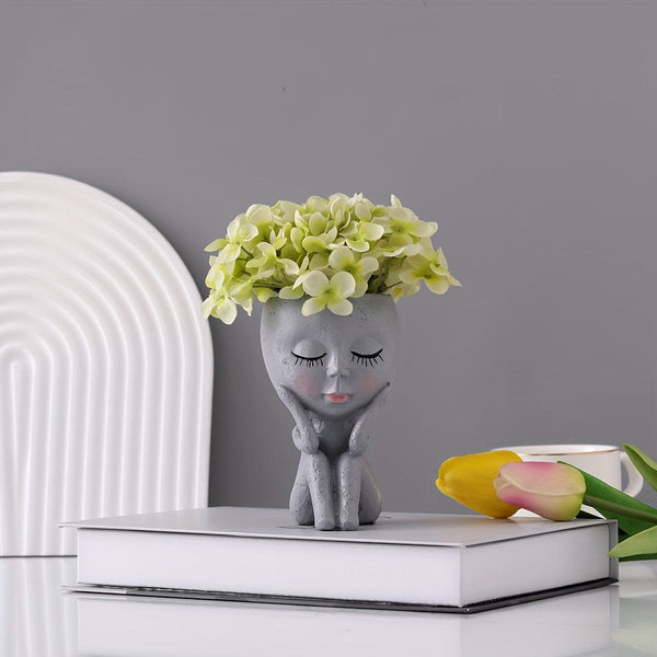 Planet Gates grey / 7.5*12 1pc Resin Creative Nordic Face Doll Desktop Decoration Flower Pot Plant Pot Cactus Plant Pot Flower Pot Container Planter With Drainage Hole Home Office Desk Garden Gift Idea, Home Decoration, Garden Decoration