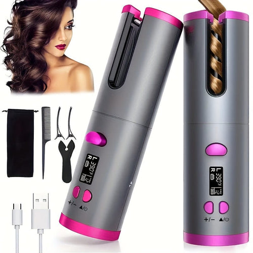Planet Gates grey Cordless Automatic Curling Iron - USB Rechargeable, Anti-Tangle, Ceramic Cylinder, Quick Heating, 5-Level Temperature Control - Perfect For Long Hair, Includes Gift Box