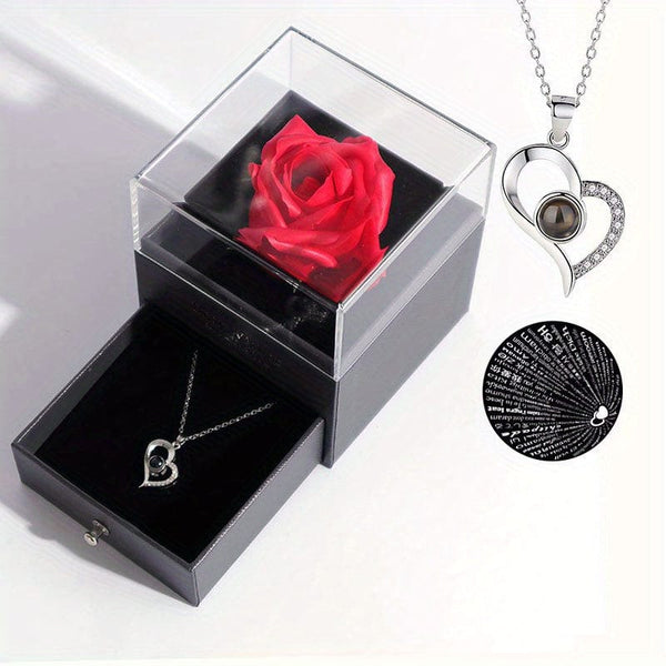 Planet Gates grey / crooked heart 1pc Artificial Preserved Real Rose Love Box Red Flowers Cute Things For Girlfriend Valentine Gift For Her With I Love You Necklace In 100 Languages Gift Card Birthday Wife Gifts For Mom