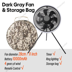 Planet Gates Grey Fan with Bag KINSCOTER 10000mAh Outdoor Camping Fan, 11inch Large Ceiling Fan with LED Lighting, Multifunction Air Circulator Cooler Fan
