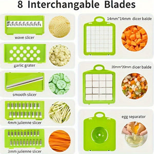 Planet Gates Grey-Green 16pcs/Set, Vegetable Chopper, Multifunctional Fruit Slicer