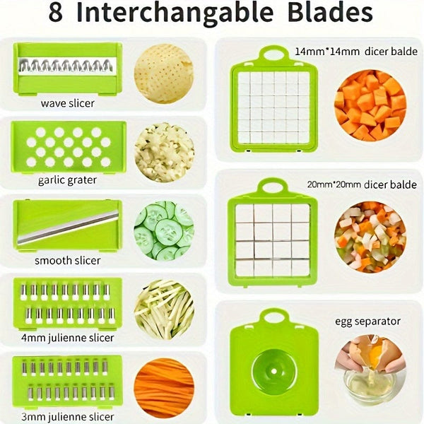 Planet Gates Grey-Green 16pcs/Set, Vegetable Chopper, Multifunctional Fruit Slicer