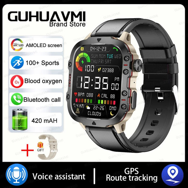 Planet Gates Grey Leather 2024 New For Xiaomi Military Smart Watch Men IP68 5ATM Outdoor Sports Fitness Tracker 24H Health Monitor 1.96 inch Smartwatches