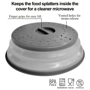 Planet Gates grey / PP (solid Color Part) +TPR (translucent Part) 1pc BPA-Free Collapsible Microwave Food Cover with Steam Vent and Strainer - 10.5 Inch Round with Handle - Perfect for Fruits and Vegetables (Grey)
