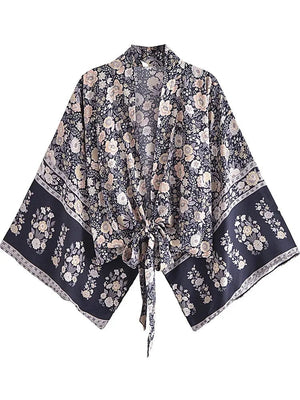 Planet Gates grey / XL Boho Vintage Floral Print Beach Summer Short Kimono Women Fashion Ladies Casual V Neck Batwing Sleeves Bohemian Cover-ups