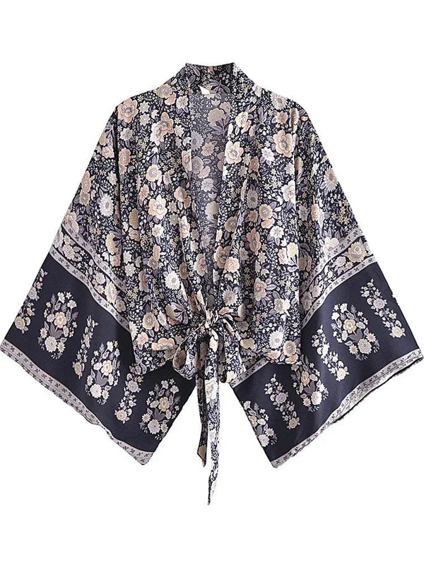 Planet Gates grey / XL Boho Vintage Floral Print Beach Summer Short Kimono Women Fashion Ladies Casual V Neck Batwing Sleeves Bohemian Cover-ups