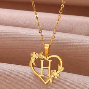 Planet Gates H / 45cm / CHINA Gold Color Dainty Flower Initials Necklace Women Girl Stainless Steel Heart Letter Choker Necklace Best Gifts Alphabet Jewelry
