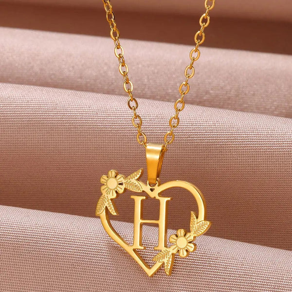 Planet Gates H / 45cm / CHINA Gold Color Dainty Flower Initials Necklace Women Girl Stainless Steel Heart Letter Choker Necklace Best Gifts Alphabet Jewelry