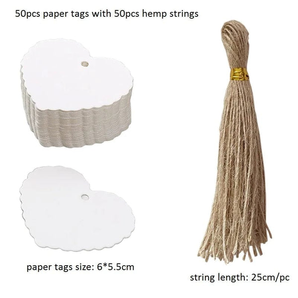 Planet Gates H-6x5.5cm-white 50pcs Kraft Paper Tags White Cardboard Cards with Strings Wedding Birthday Christmas Party Gift Tag Cookie Packaging Supplies