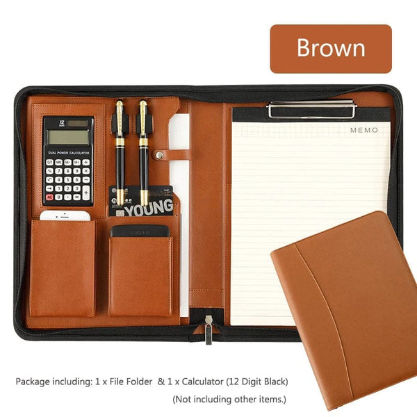 Planet Gates H Folder Calculator University A4 Leather Portfolio Folder for Document Holder Desk Organizer Man Executive Briefcase Zippered Calculator for Office